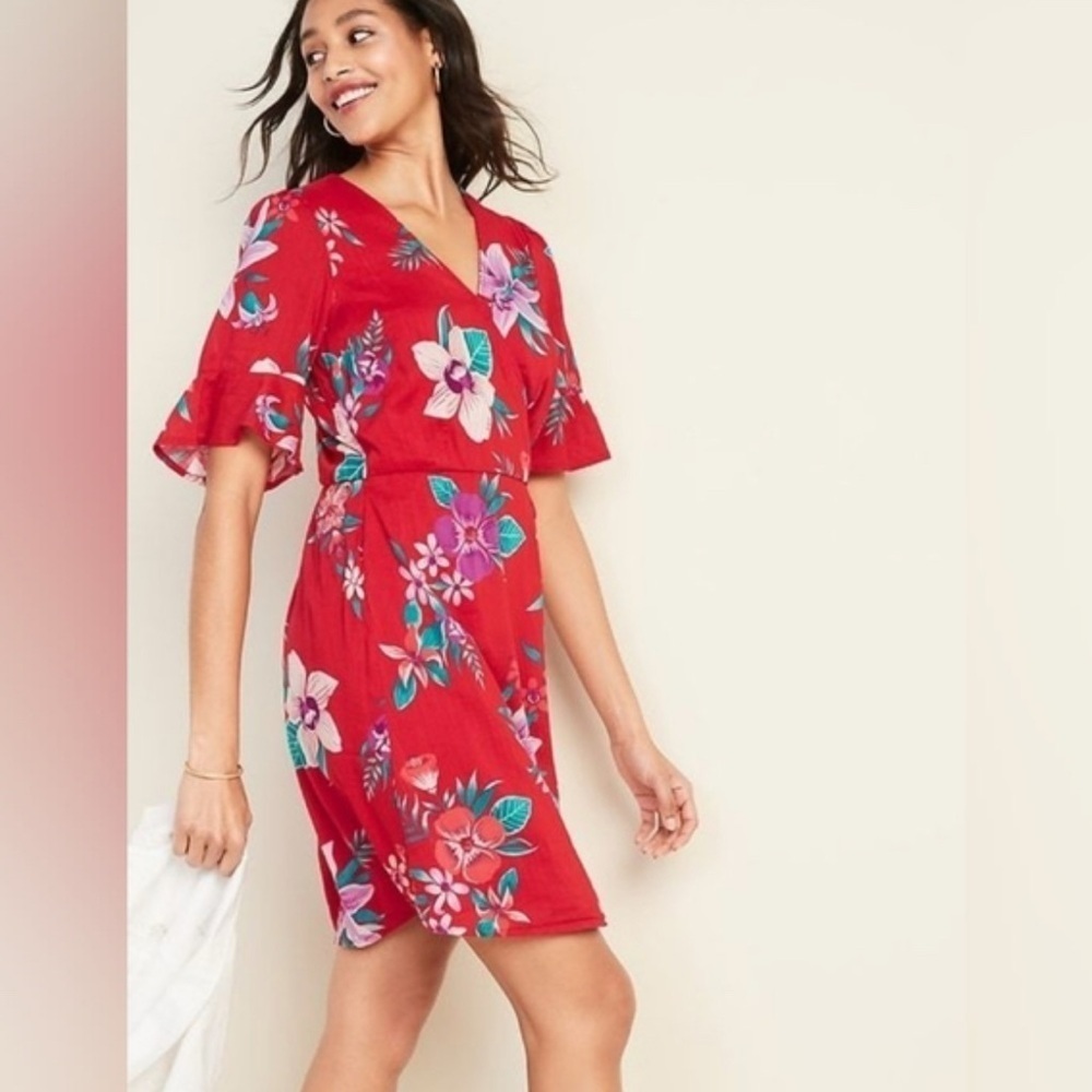 Old Navy Deep V Neck Waist-Defined Bell-Sleeve Faux-Wrap Red Mini Dress Large